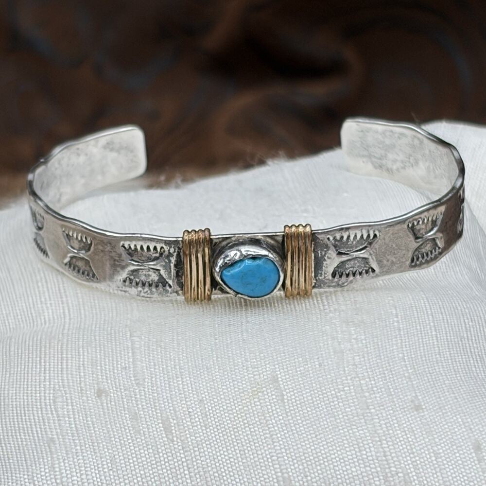 Navajo C. Yazzie Vtg Sterling Silver Brass Turquoise Infant Baby Cuff Bracelet